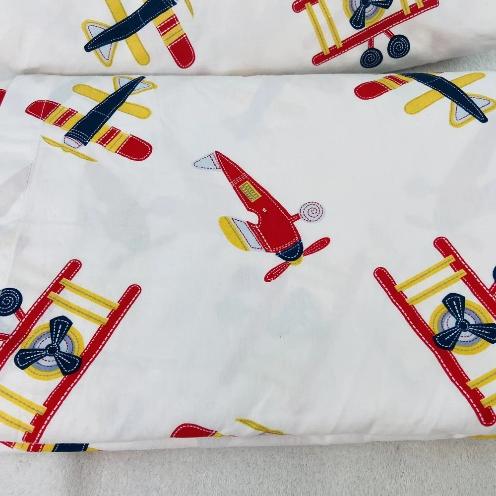 Cannon Kids Twin Fitted Flat Sheet Airplane Theme Red Yellow Blue Boys Bedding